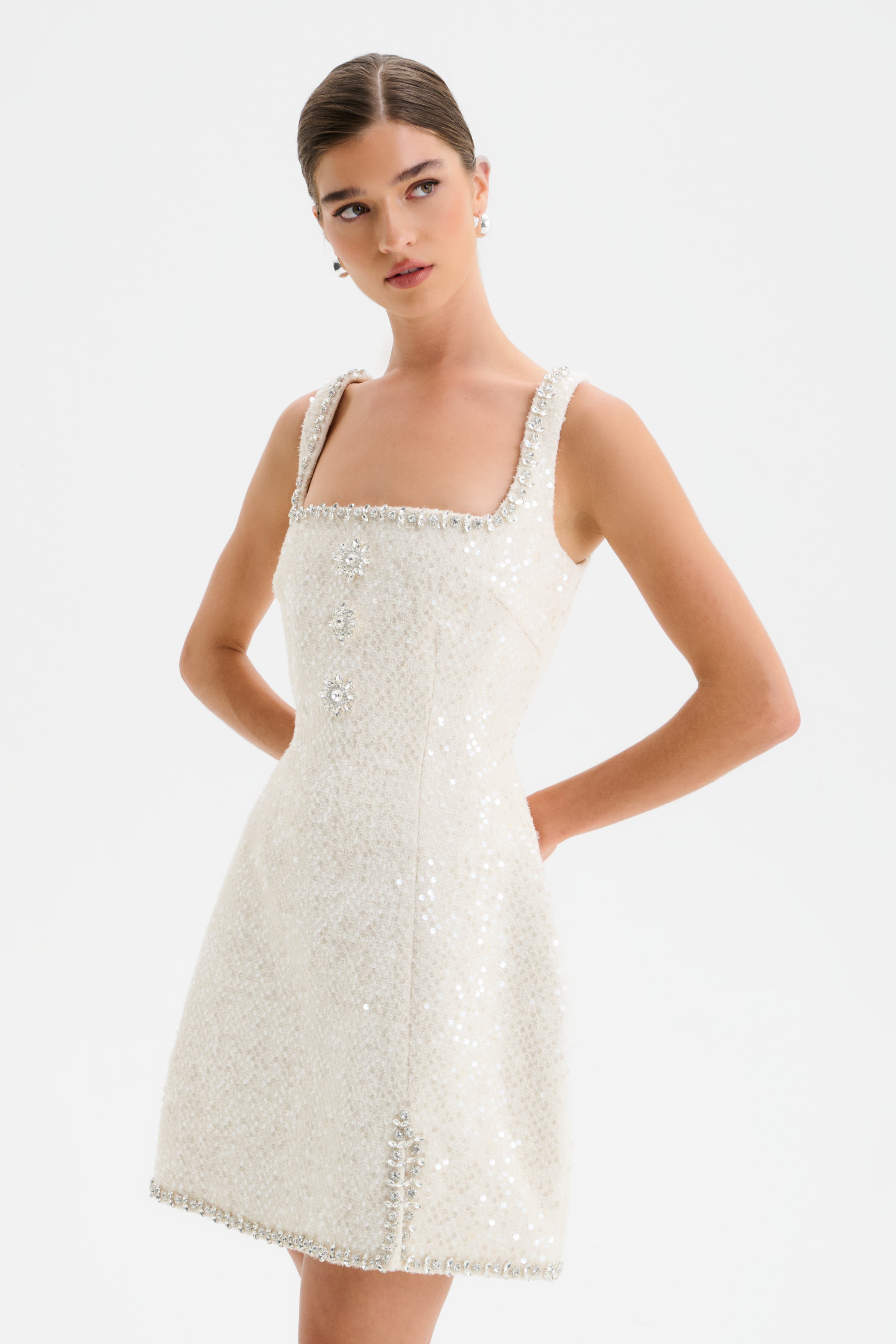 ZOEY Embellished Boucle Tulip Mini Dress in Beige