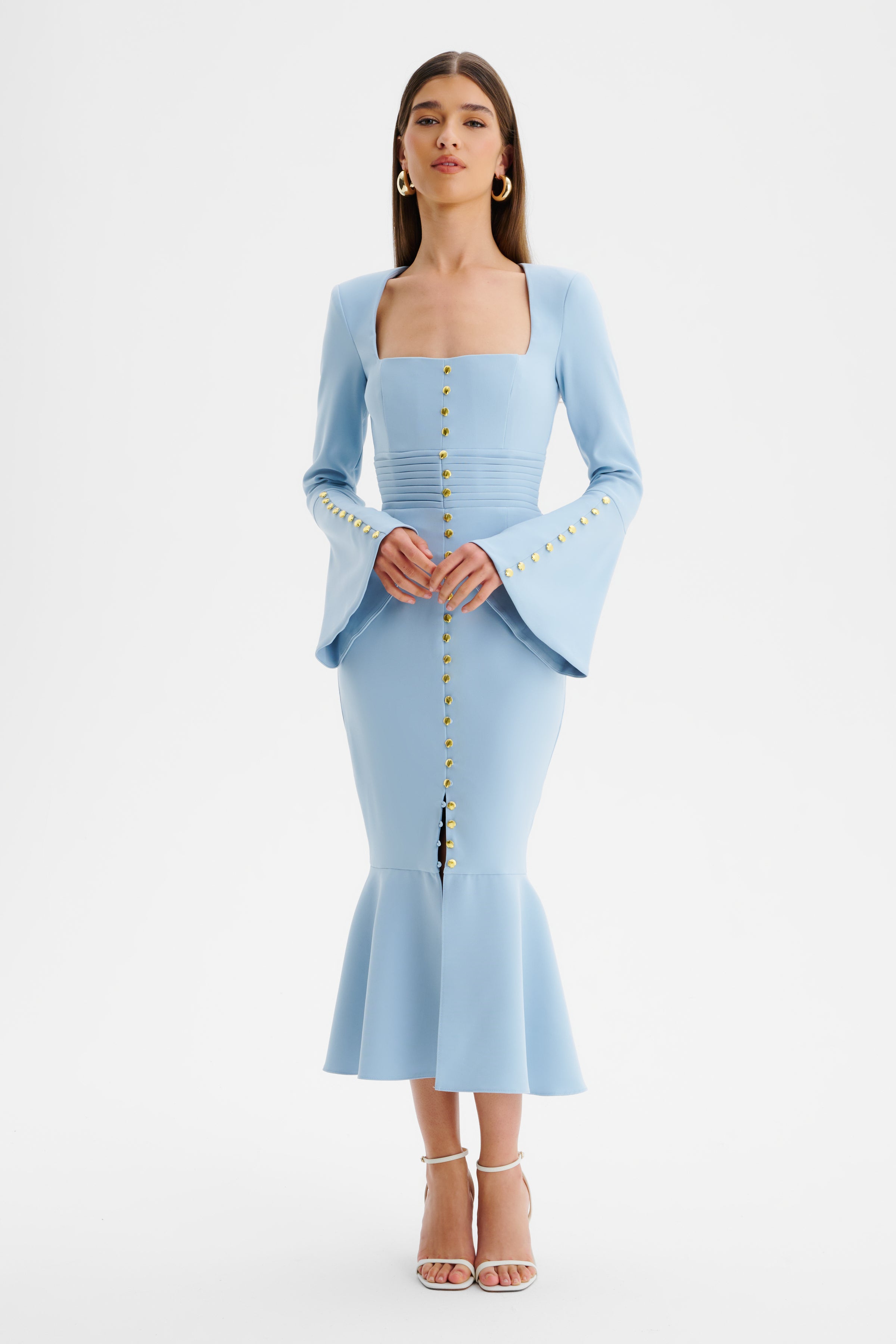 SERENA Fluted Sleeve Micro Shell Button Midi Dress in Light Blue
