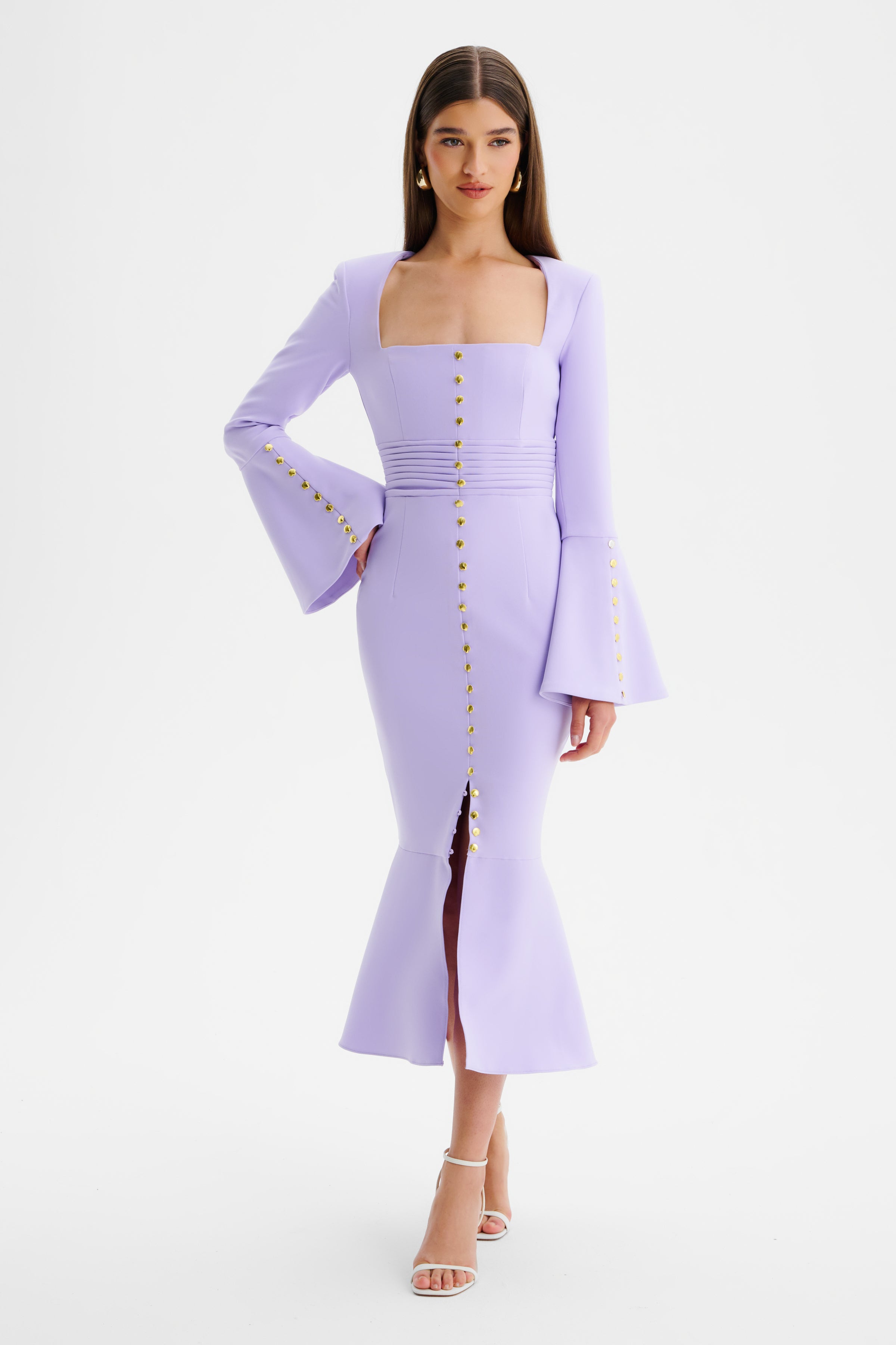 SERENA Fluted Sleeve Micro Shell Button Midi Dress in Purple