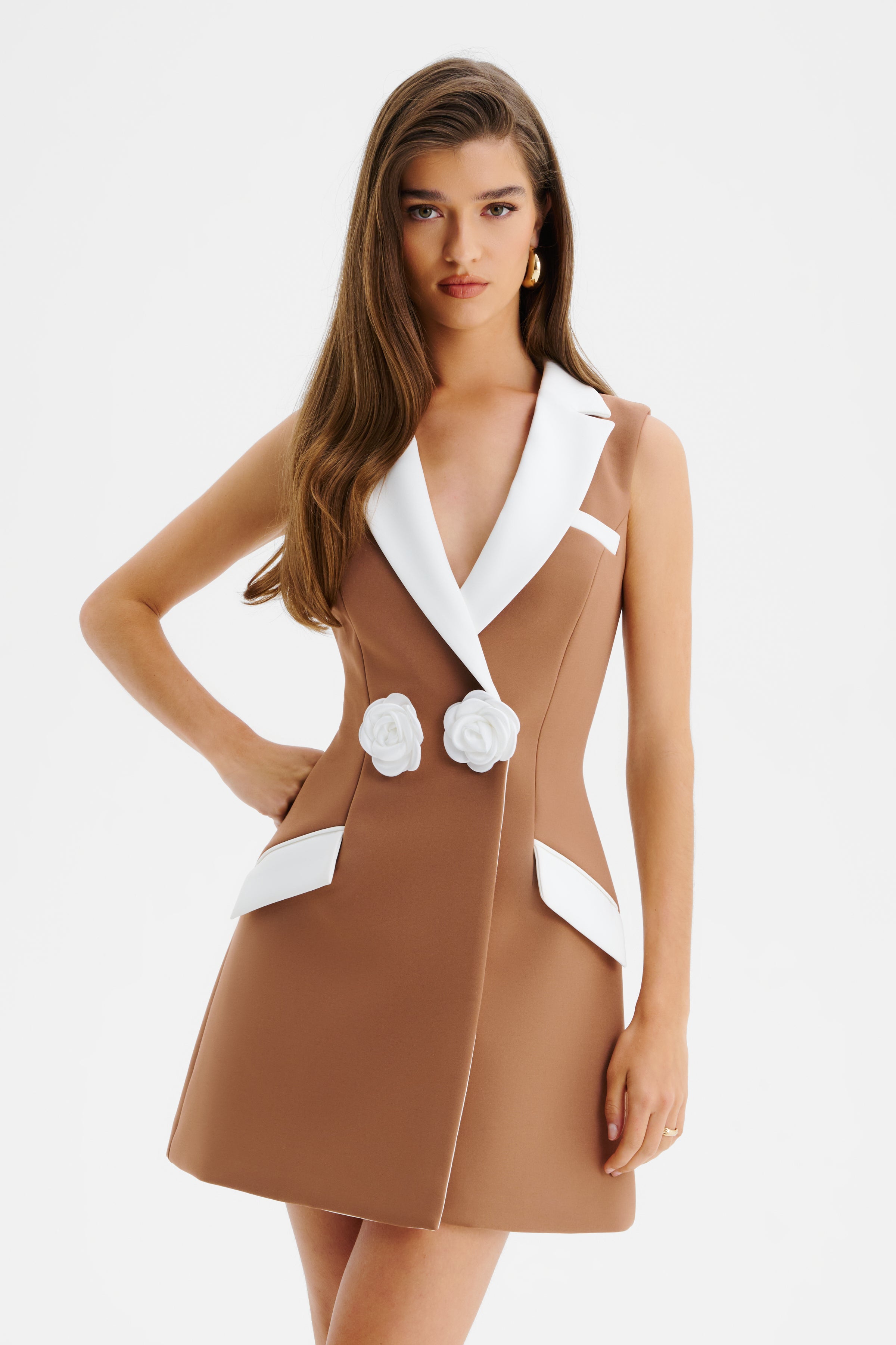 AMARA Contrast Tailored Mini Dress in Chocolate