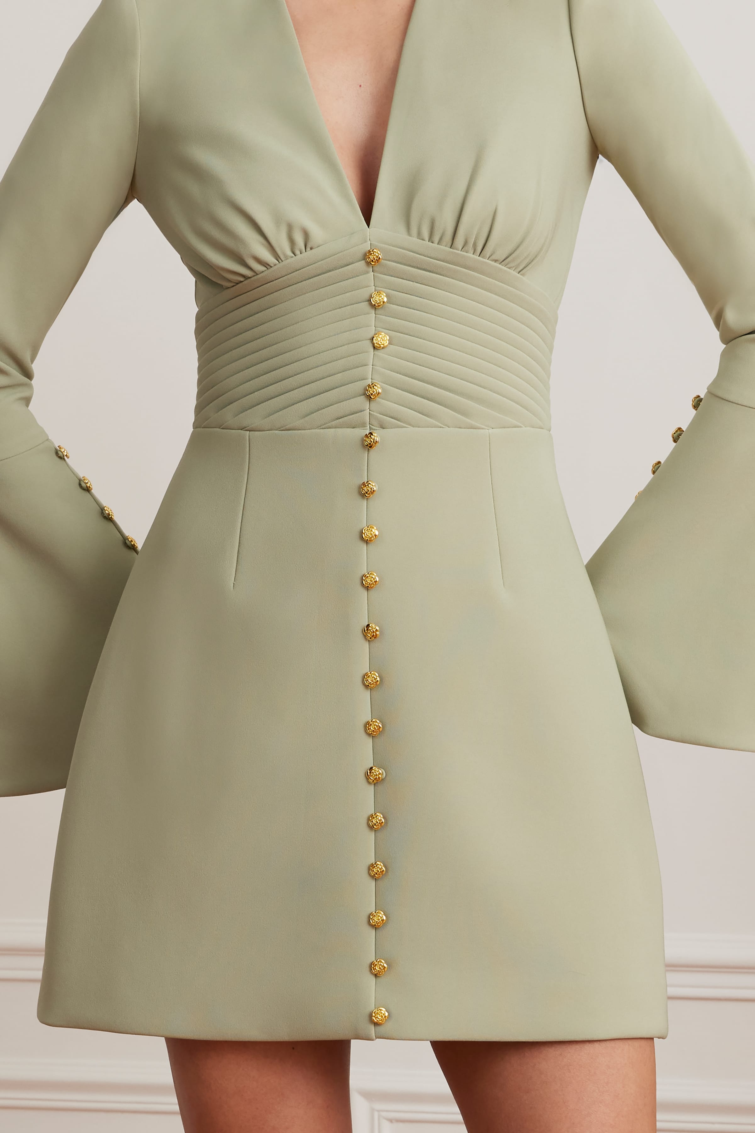 LARA Fluted Sleeve Rose Button Mini Tulip Dress In Sage Green