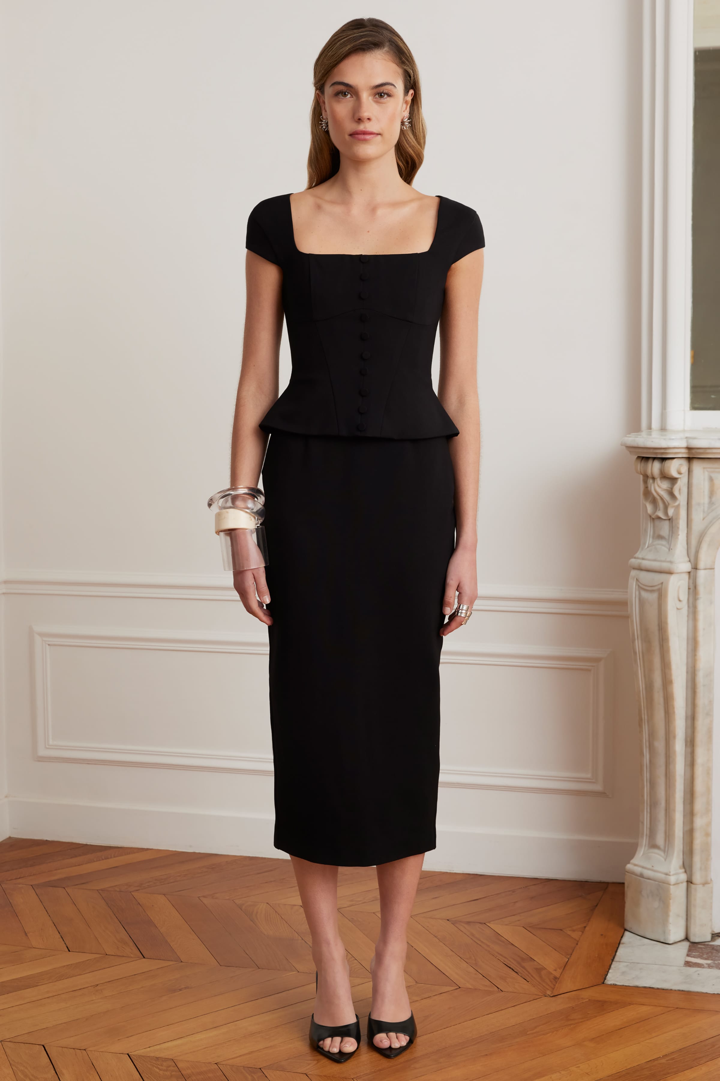 ELISA Corset Peplum Ponte Midi Dress In Black