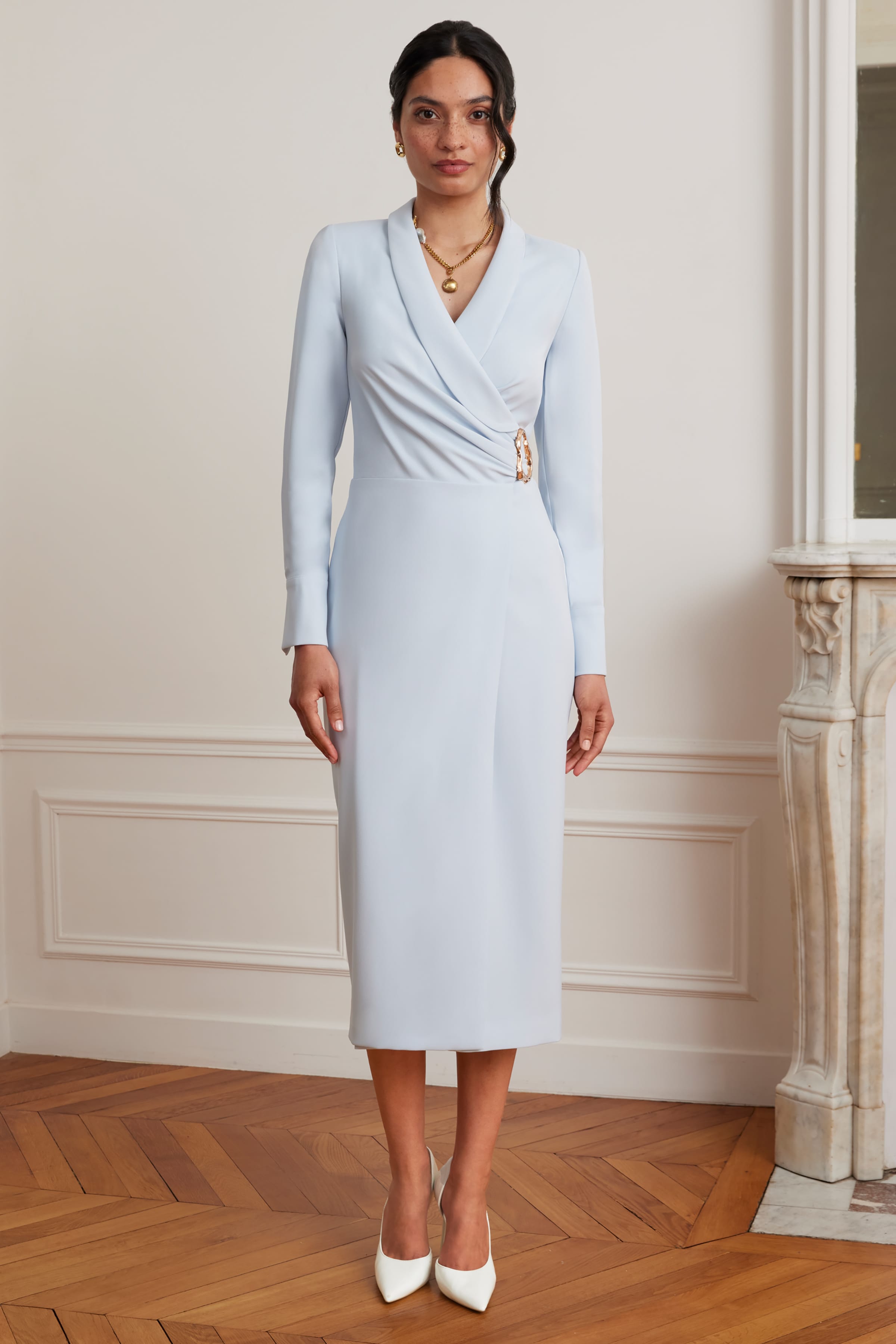 LILIANNE True Wrap Shirt Midi Dress With Gold Hardware In Powder Blue