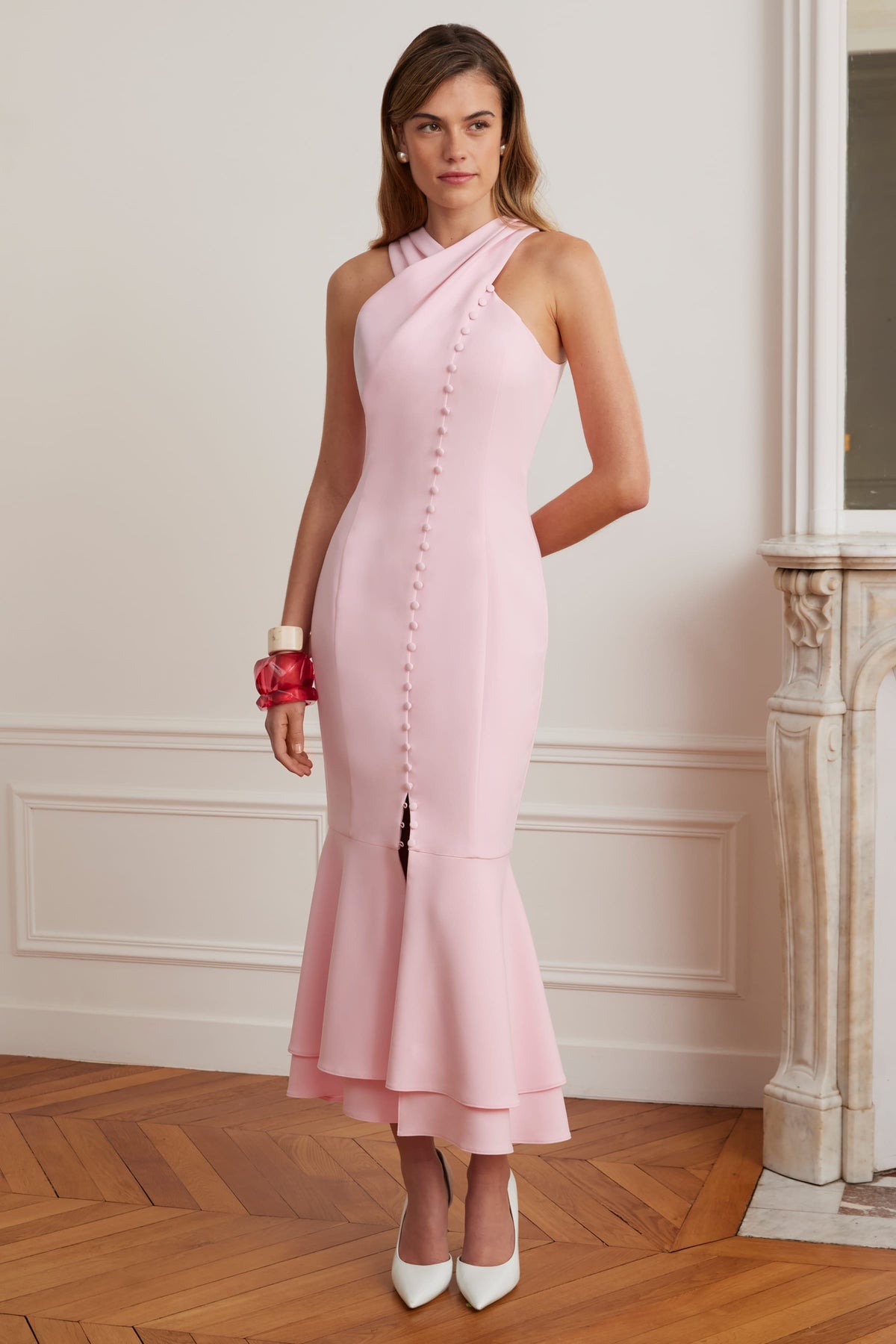 ALTHEA Halter Neck Midi Dress in Pink