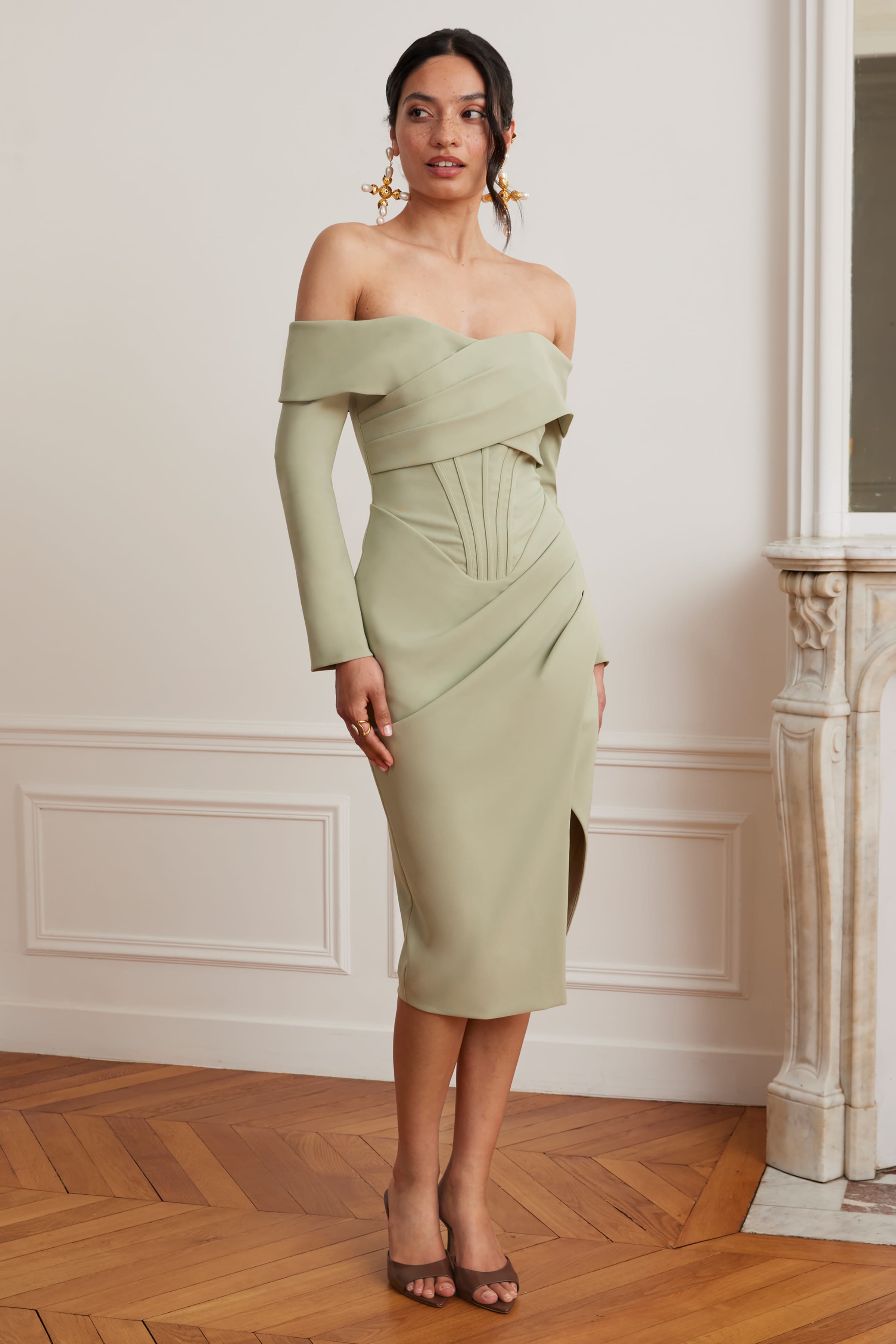 DELPHINE Off Shoulder Corset Midi Wrap Dress In Sage Green