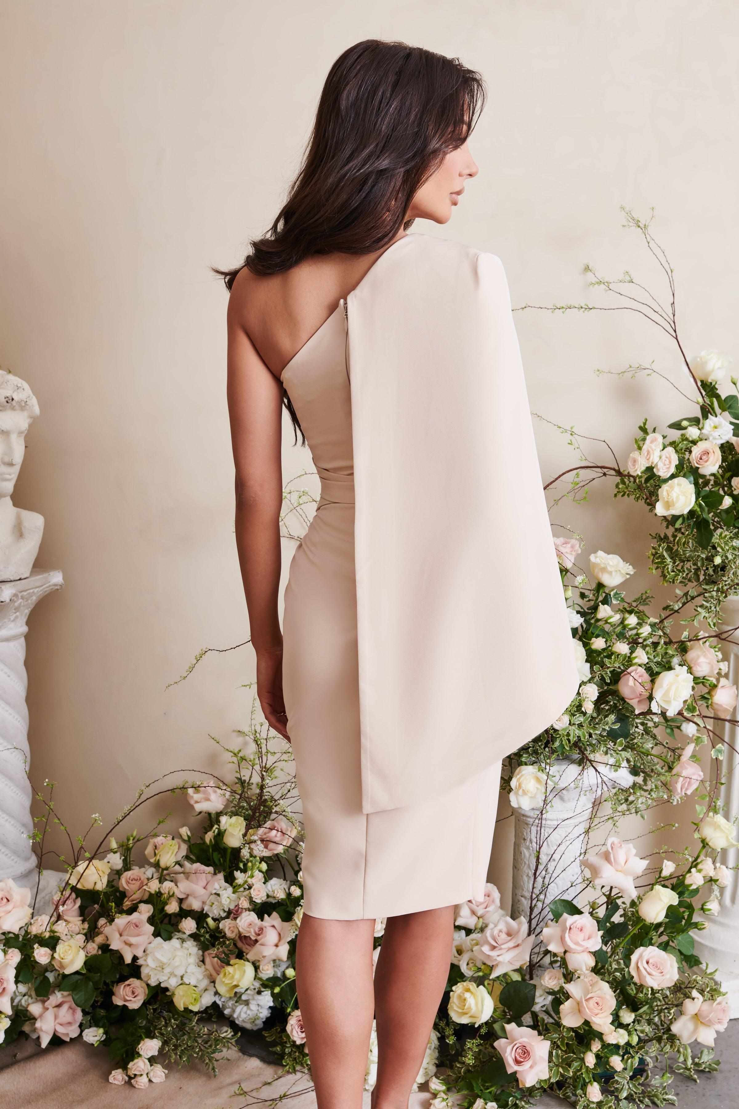PAIGE Tailored One Shoulder Cape Midi Dress In Cream - Lavish Alice