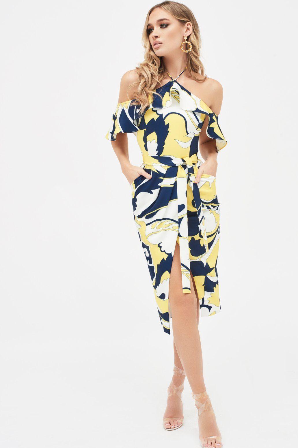 LOGAN Swirl Print Bardot Frill Halterneck Midi Dress - Lavish Alice