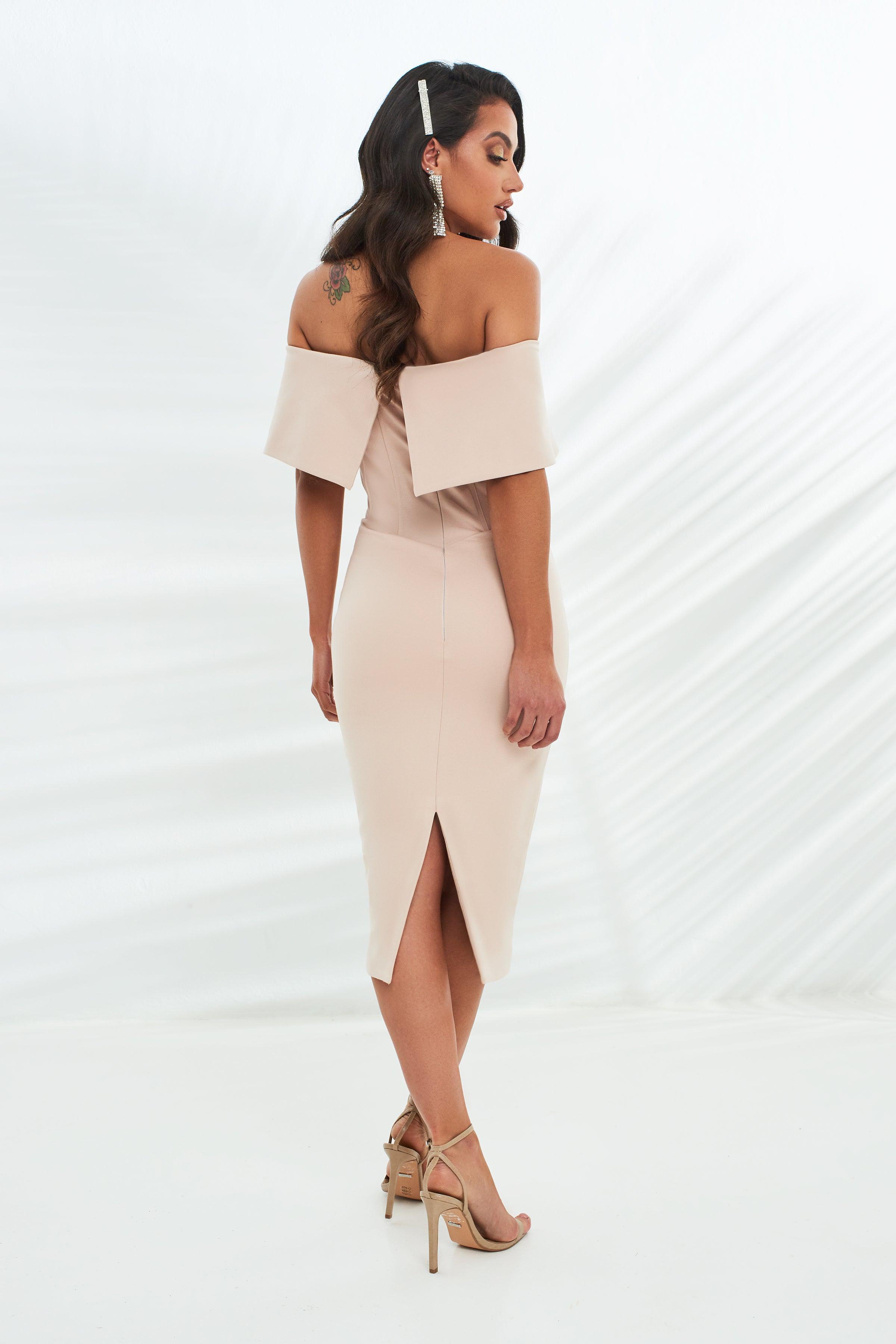 Corset Style Bardot Midi Dress in Stone - Lavish Alice