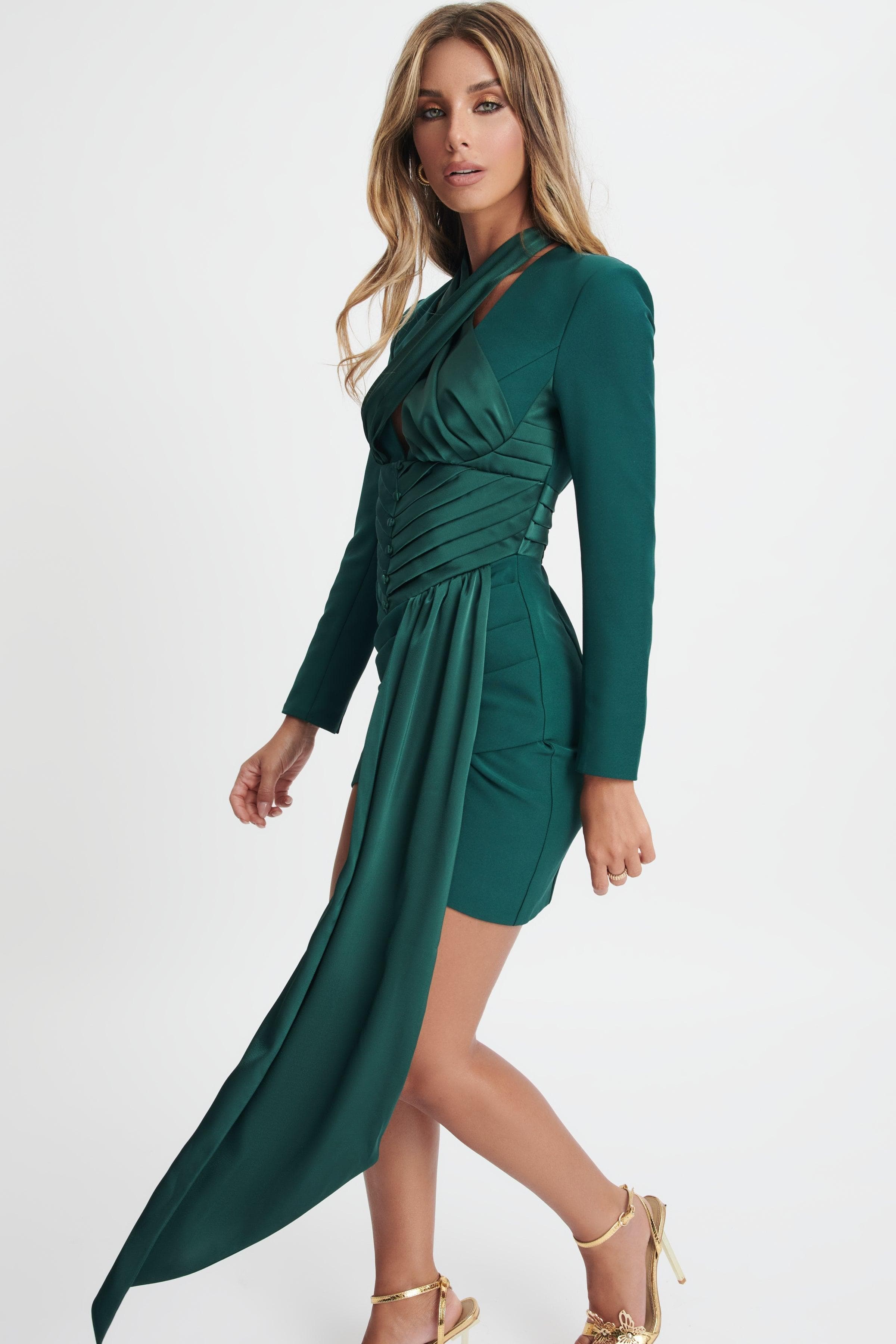 MIA Satin Mix Halterneck Blazer Dress In Emerald - Lavish Alice