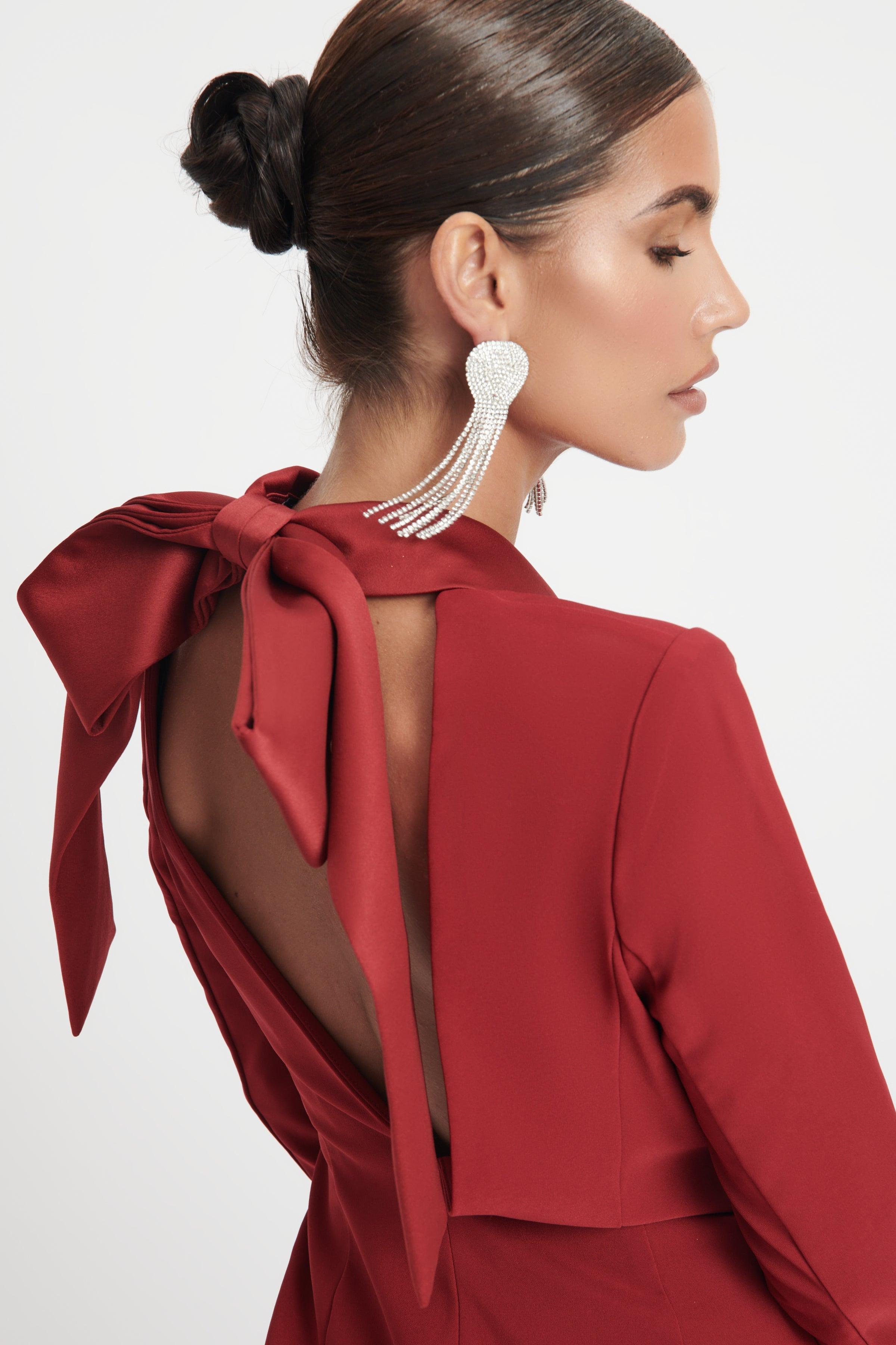 VALERIA Statement Button Bow Back Blazer Dress In Burgundy - Lavish Alice