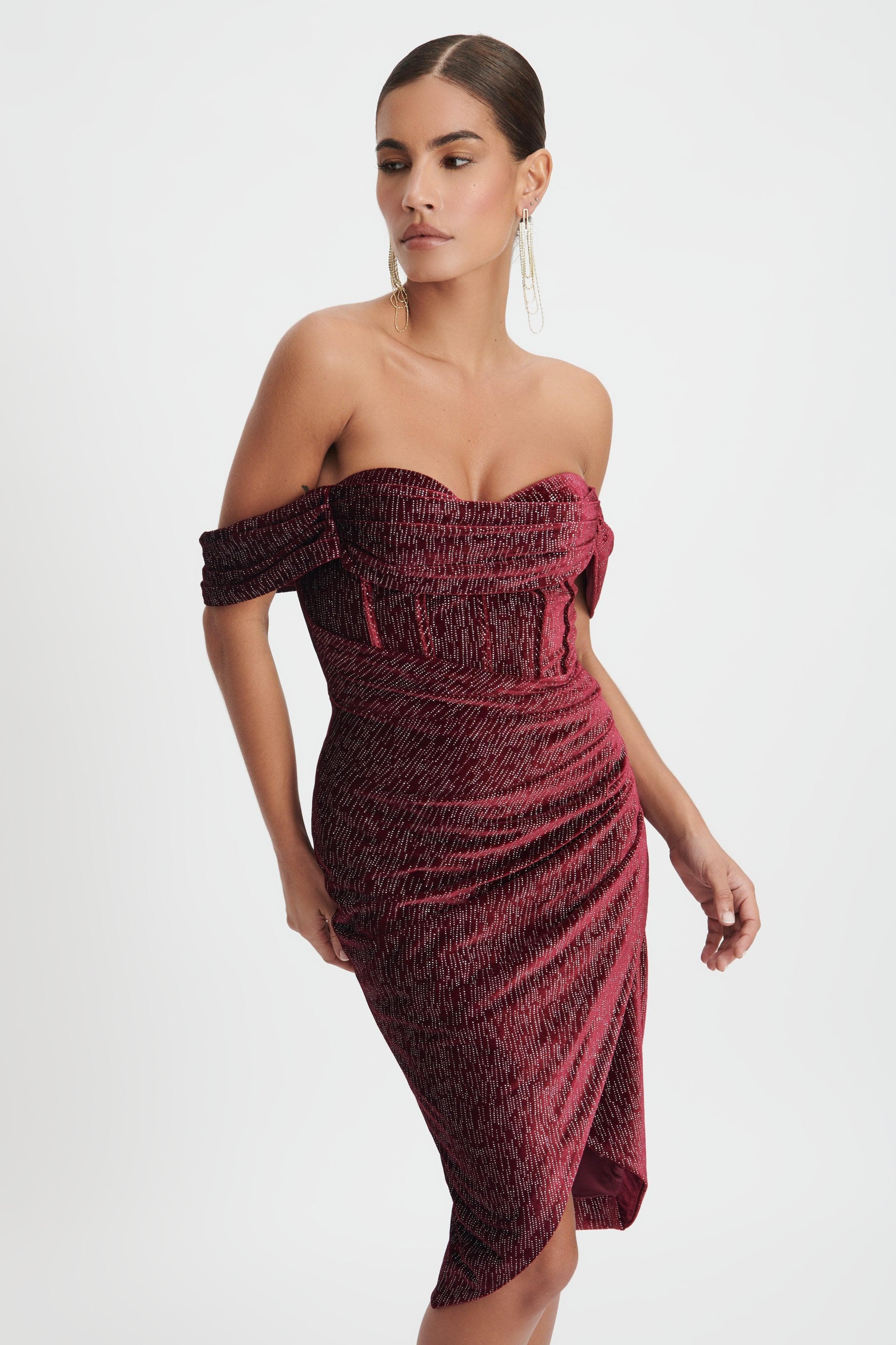 BLAKE Diamante Velvet Pleated Off Shoulder Midi Dress In Burgundy - Lavish Alice
