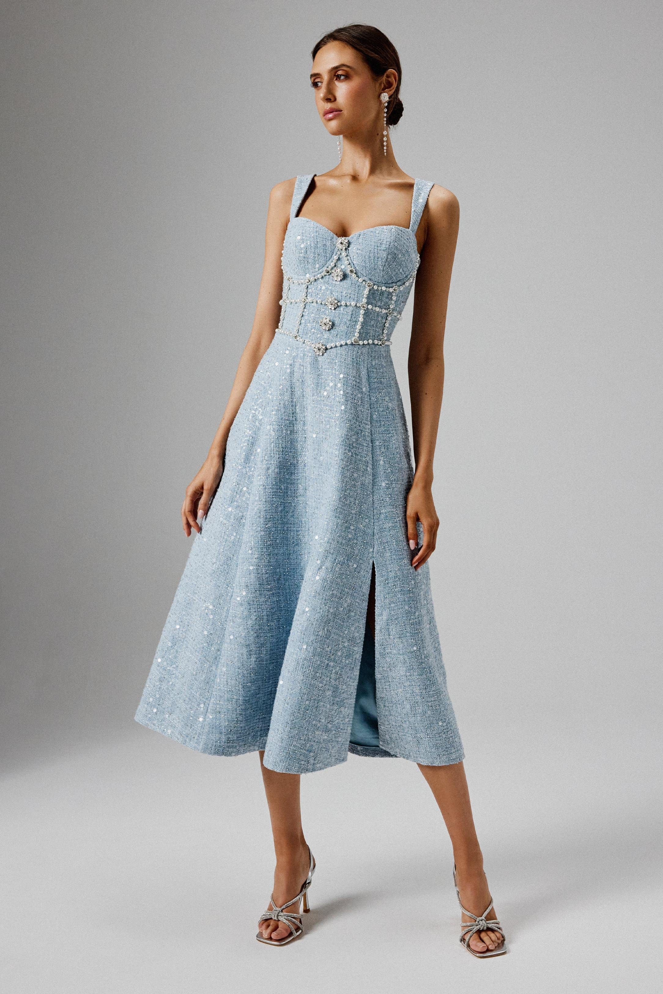 KIRA Pearl Embellished Boucle A Line Midi Dress in Blue