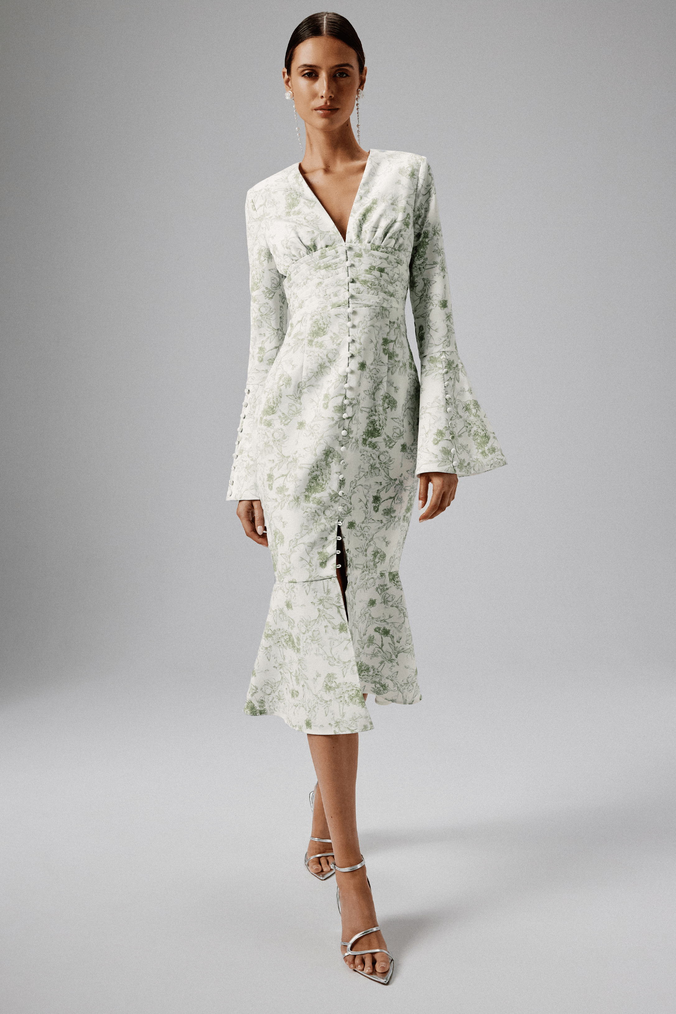 SALMA Fluted Sleeve Longline Fishtail Midi Dress In Sage Porcelain Print