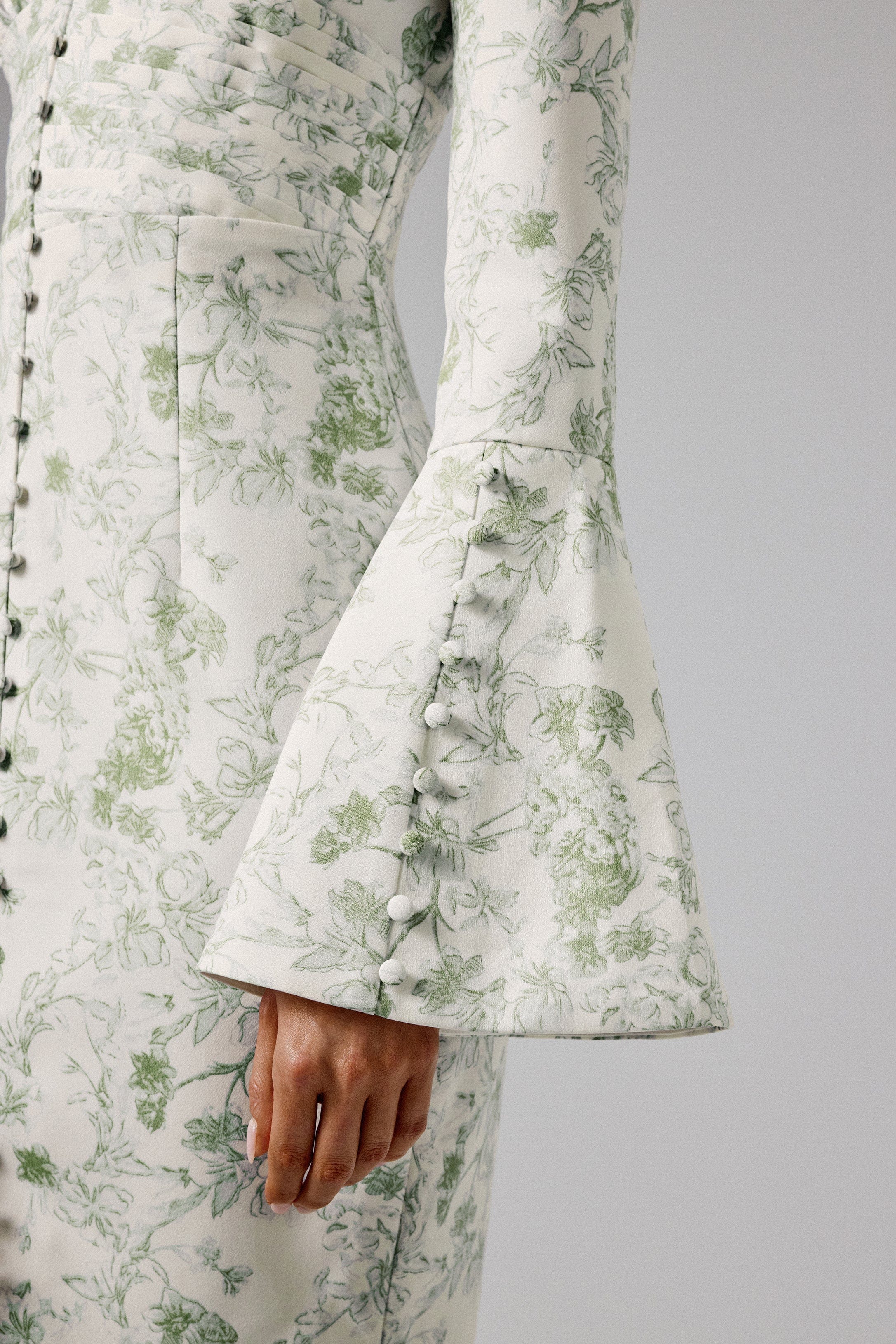 SALMA Fluted Sleeve Longline Fishtail Midi Dress In Sage Porcelain Print