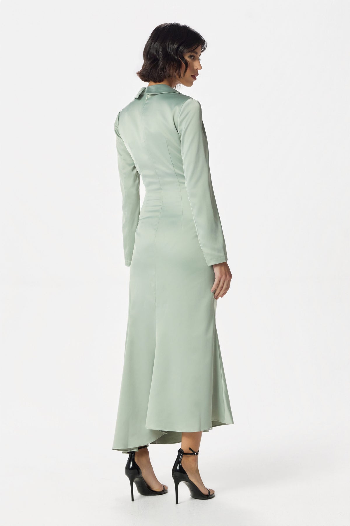 AURELIAH Satin Midi Dress in Sage