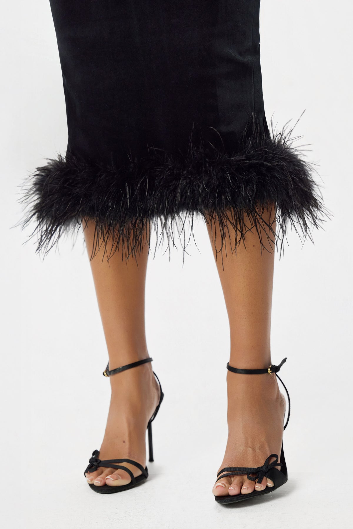 AYDA Velvet Feather Midi Dress in Black