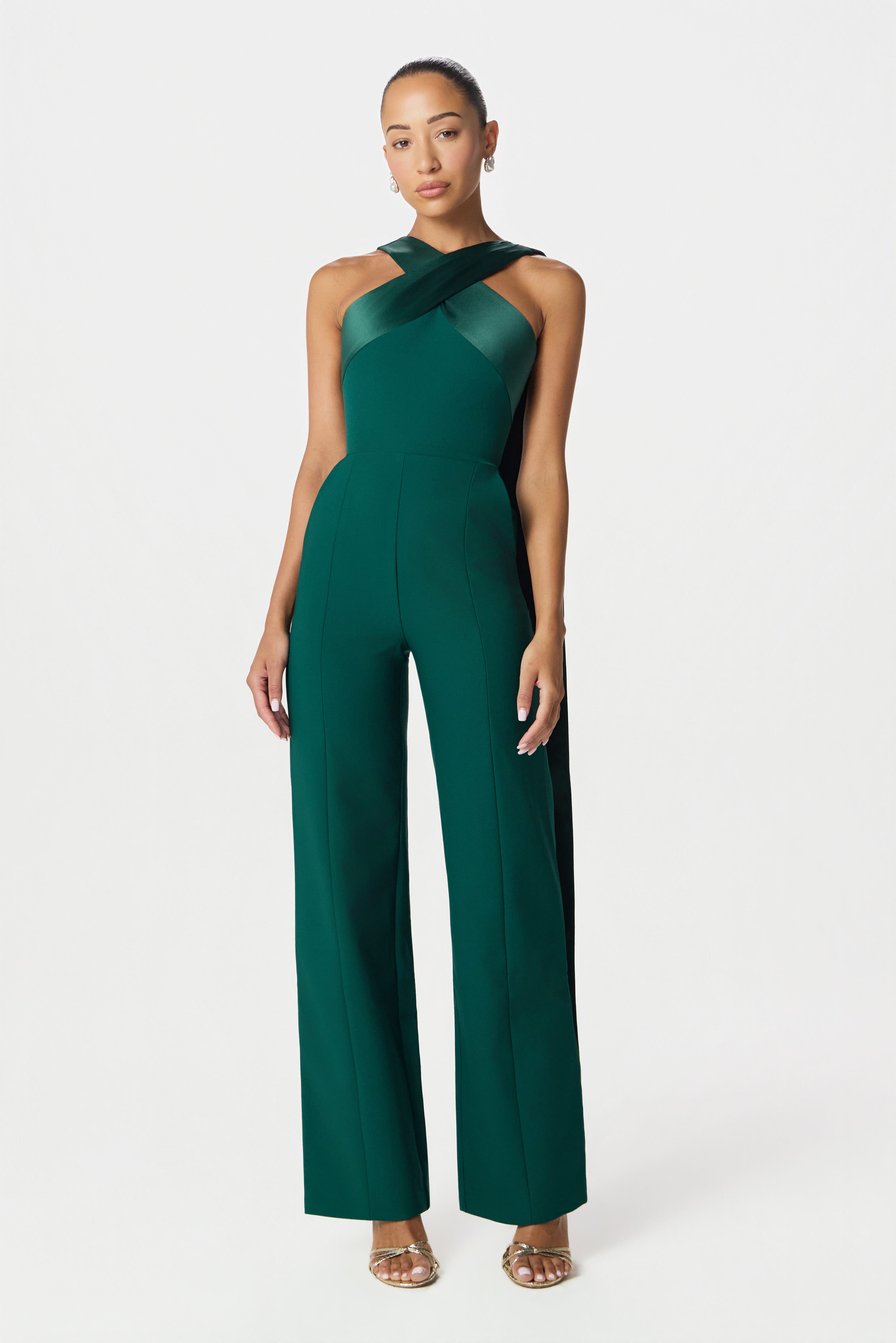 CHANTELLE Cross Neck Straight Leg Jumpsuit with Satin Drape in Emerald