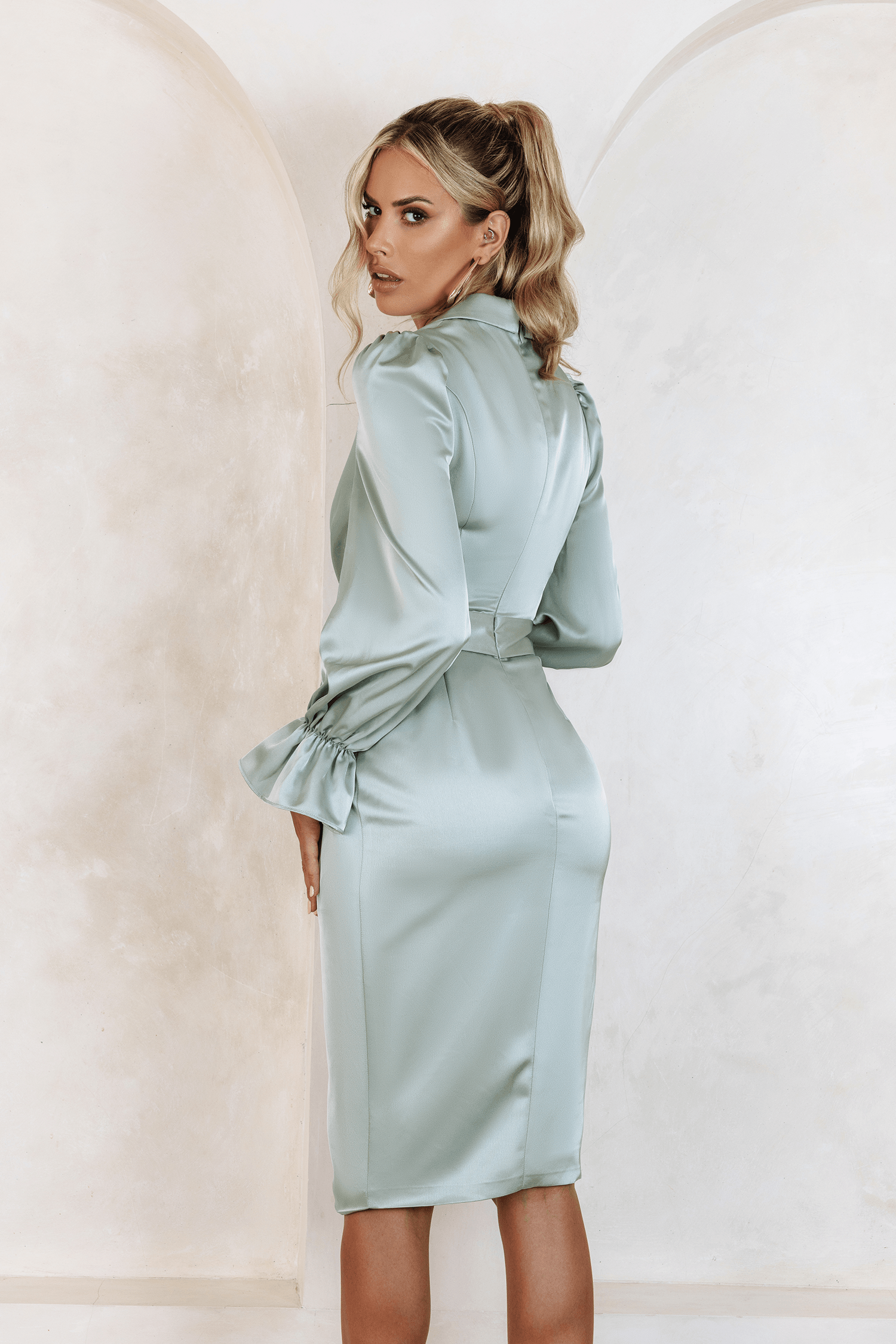 ELISE Satin Wrap Shirt Dress In Sage - Lavish Alice