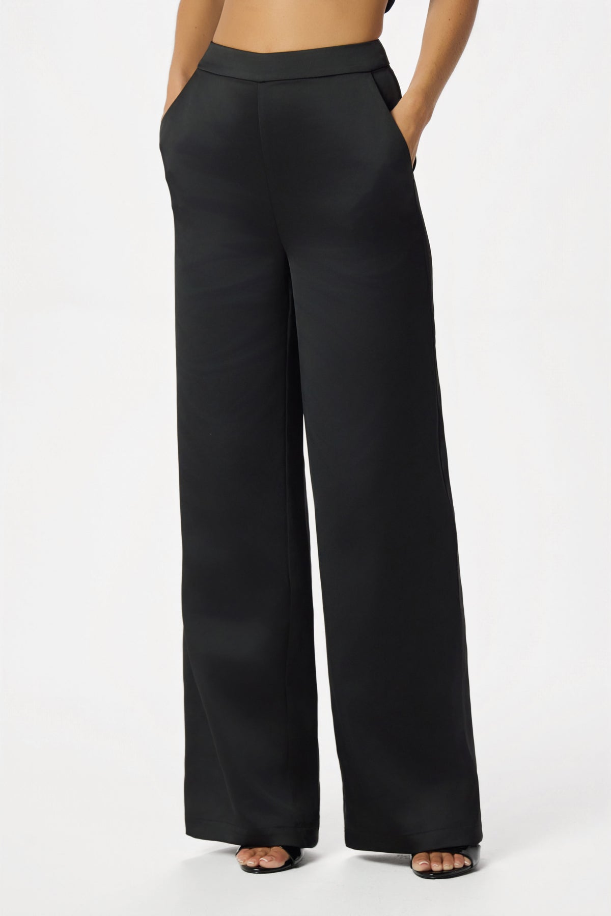 ELLIE Wide Leg Satin Trousers in Black