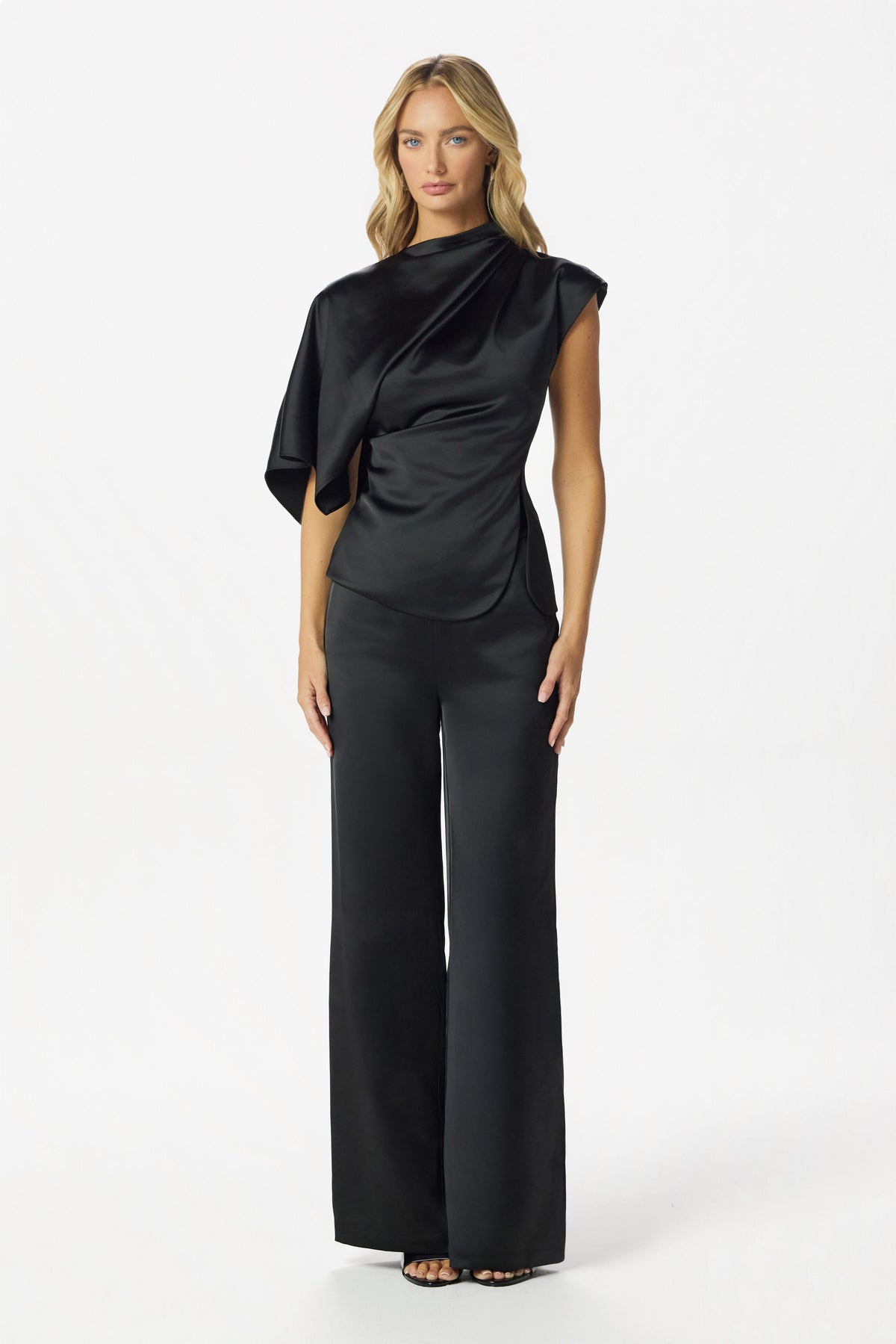 ELLIE Wide Leg Satin Trousers in Black