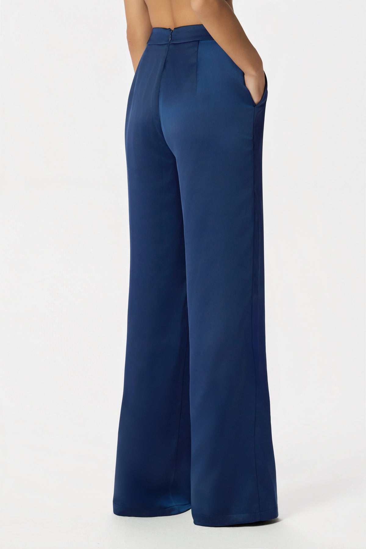 ELLIE Wide Leg Satin Trousers in Navy