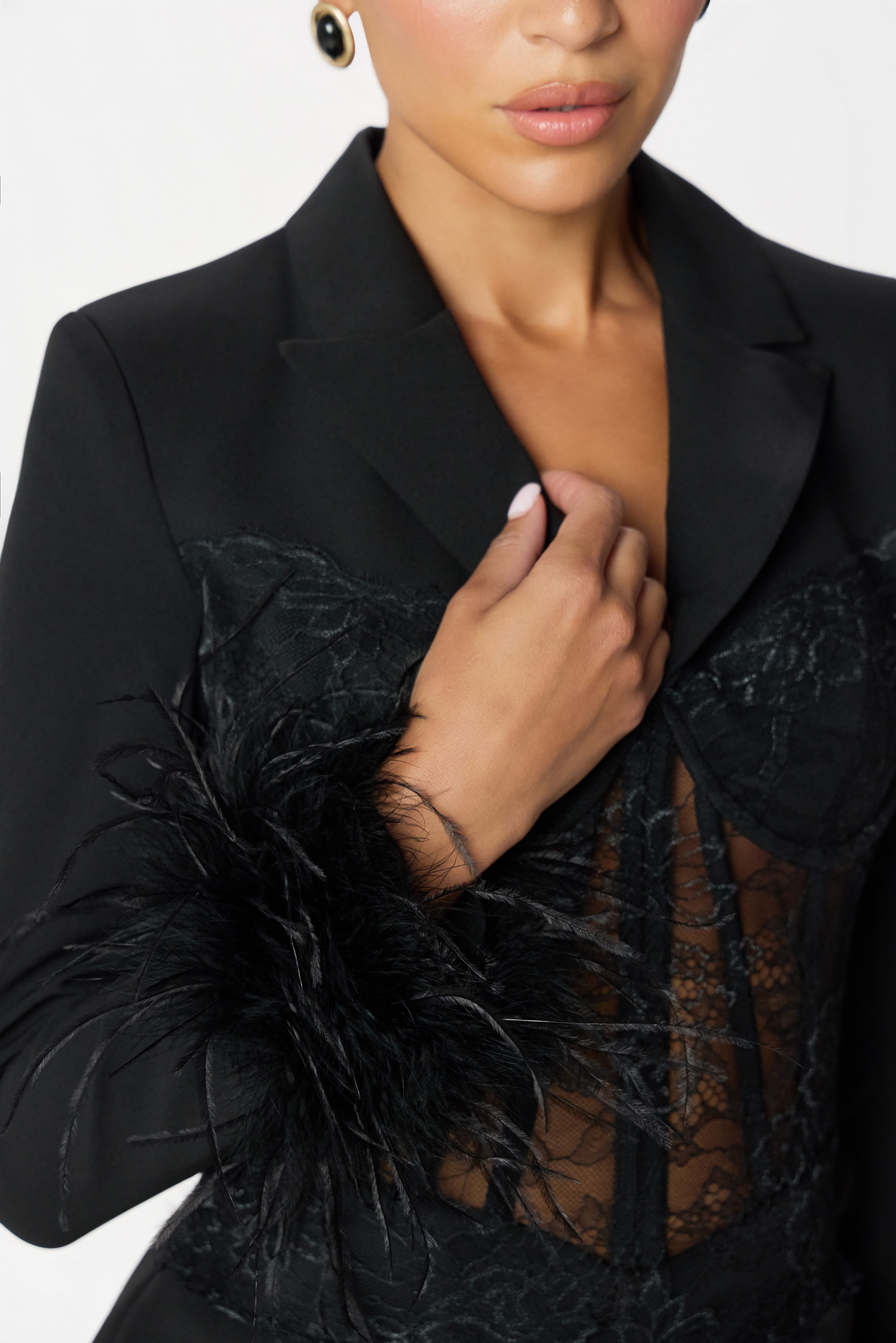 GIA Lace Feather Mini Dress in Black