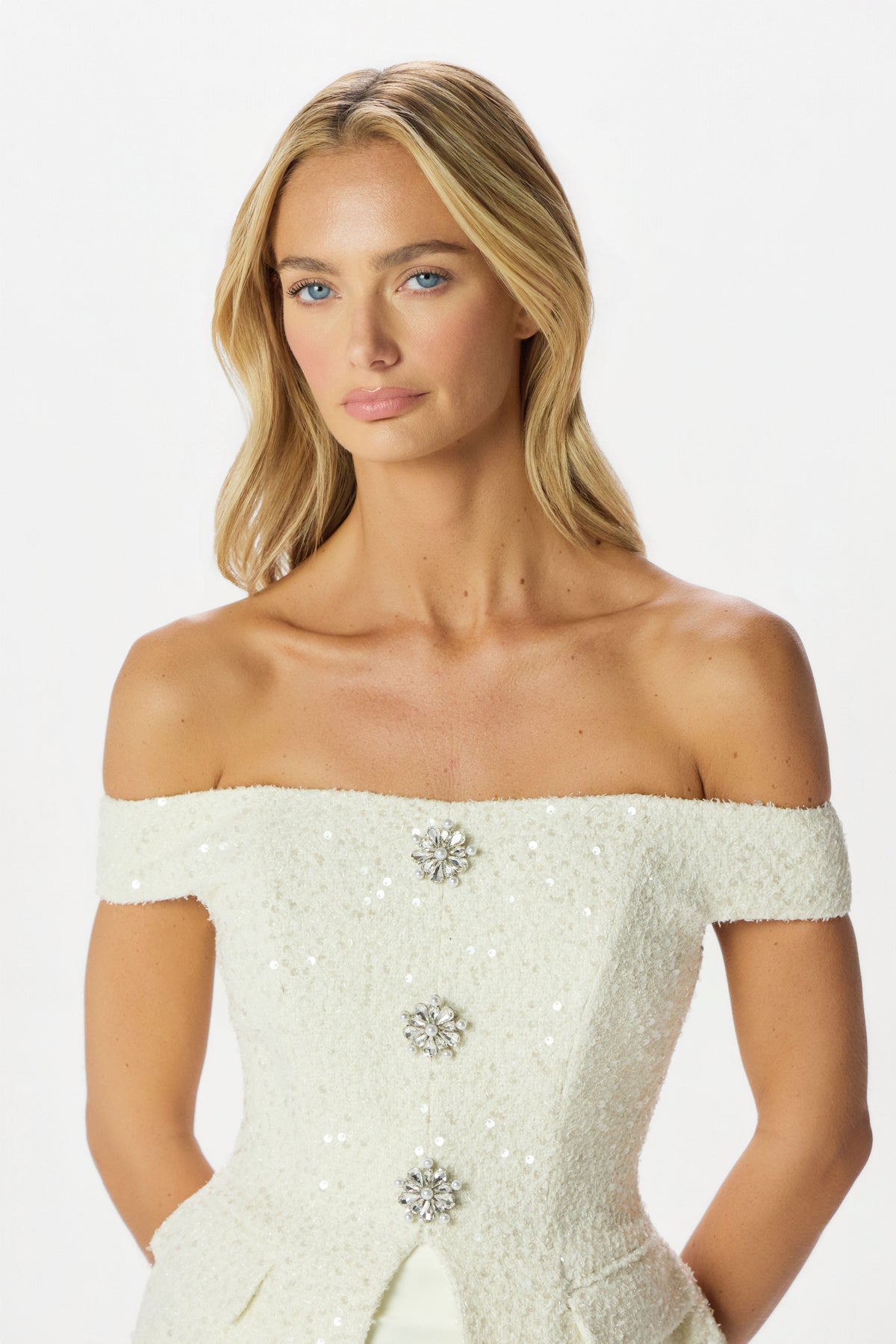 LEILA Embellished Boucle Top in Ivory