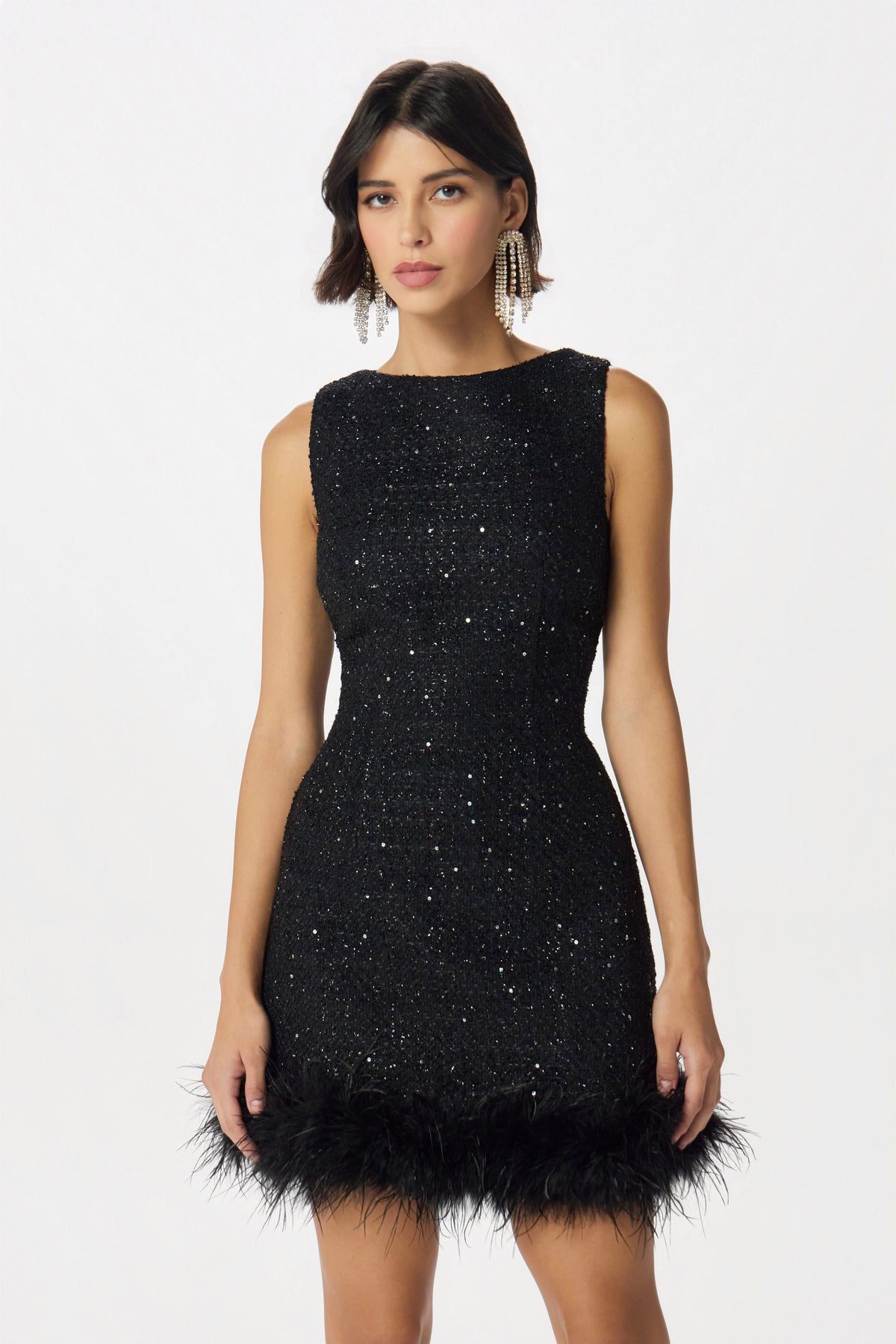 POPPI Boucle Feather Mini Dress in Black