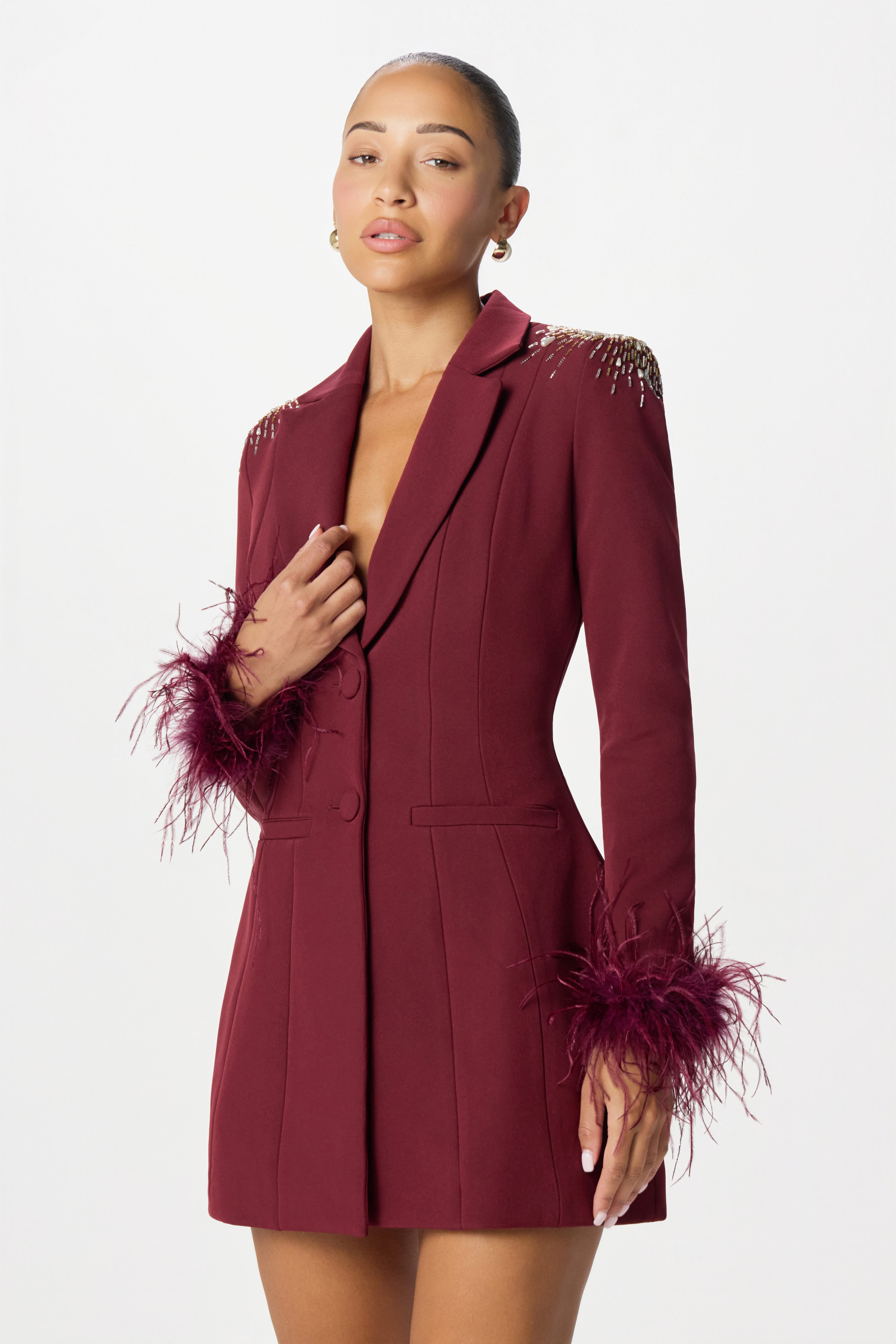 blazer dress burgundy SABRINA Star Hand Embellished With Feather Cuffs In Burgu Color:skin buckle 2.5cm refined detailing Pink Shoes Blue Dress spring break dress