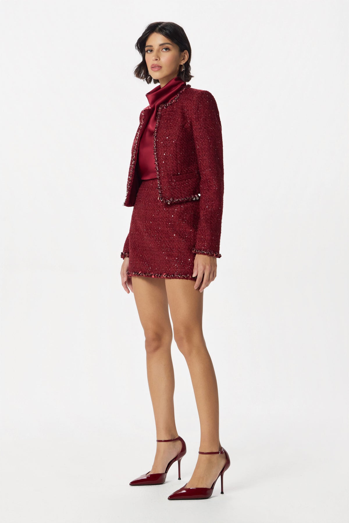 SIERRA Embellished Boucle Mini Skirt in Burgundy