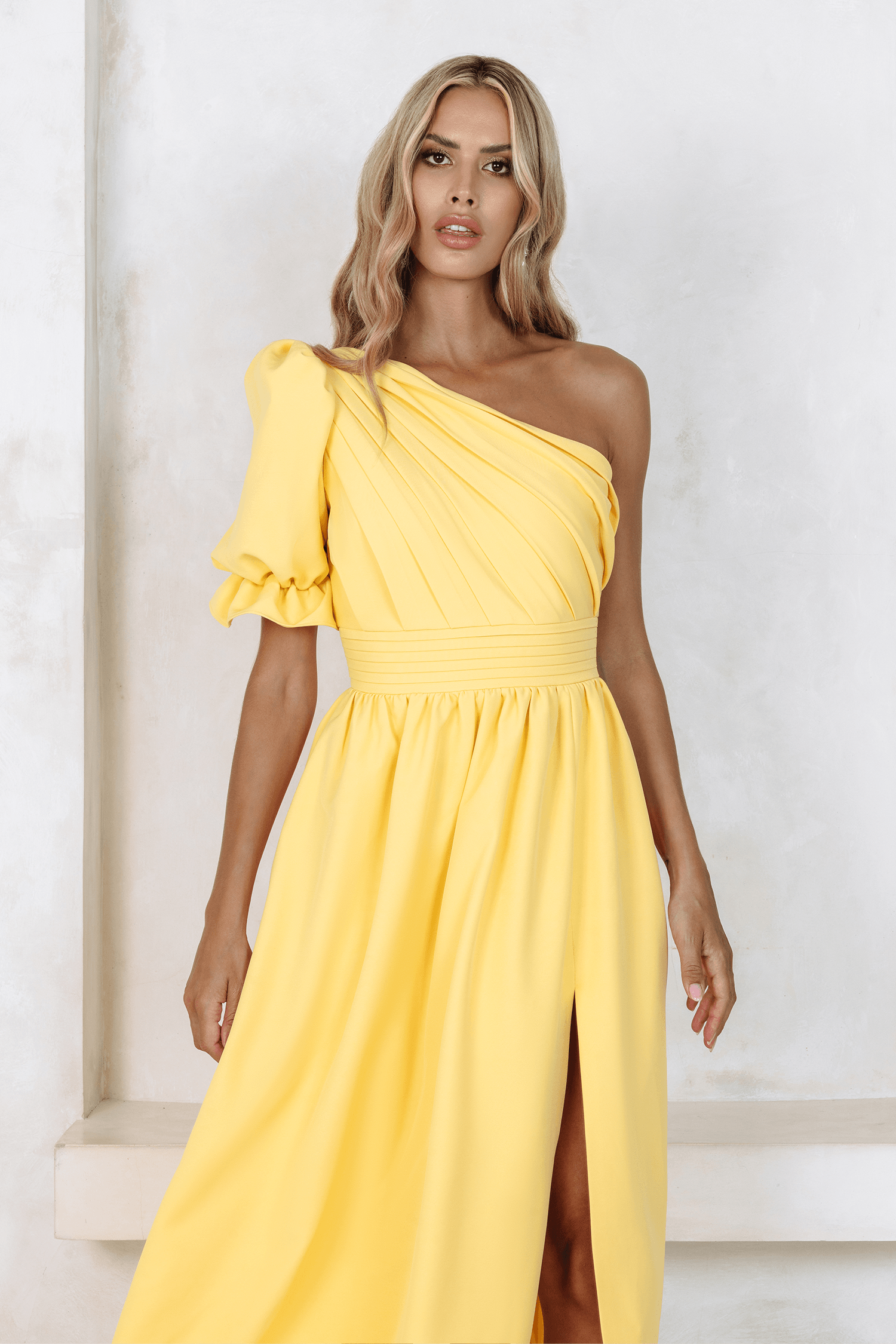 STASSI One Shoulder Puff Midi Dress In Yellow - Lavish Alice