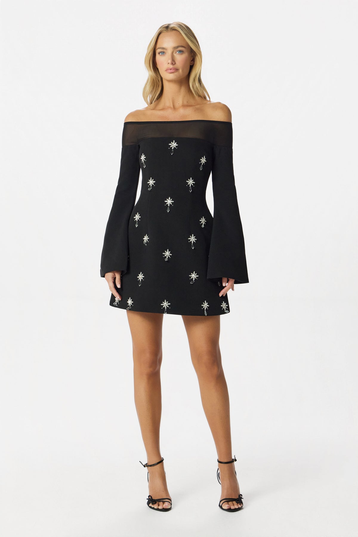 YASMIN Bardot Embellished Mini Dress in Black
